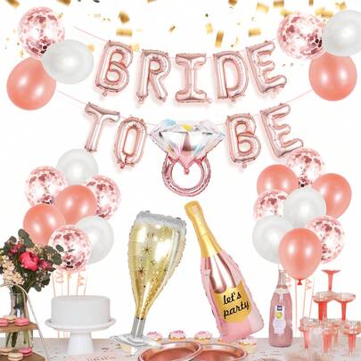 40个16英寸玫瑰金“准新娘”铝箔气球套装，包含水钻戒指、香槟酒瓶、玻璃铝箔气球、玫瑰金和白色乳胶气球以及五彩缤纷的五彩纸屑气球。非常适合新娘送礼会、单身派对、订婚装饰以及圣诞节等场合。