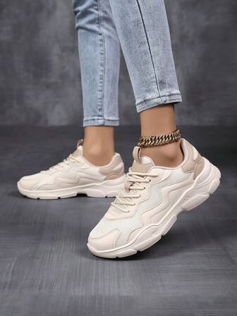 Women Mix Color Mesh Casual Sneakers, Lace Up Breathable Light Athletic Outdoor Shoes, Platform Wedge Running Sports Leather Patchwork Comfortable Slip On Chunky Fashion Campus Walking Shoes For Women, Autumn/Winter