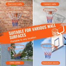 Basketball Rim, Wall Door Mounted Basketball Hoop, Heavy Duty Q235 Basketball Flex Rim Goal Replacement With Net, Standard 18" Indoor And Outdoor Hanging Basketball Hoop