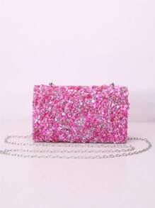 1pc Fuchsia Shell & Stone Embellished Flap Handbag, Fashion Clutch Purse For Women, Suitable For Daily Use And Evening Events - Hot Pink - View 1