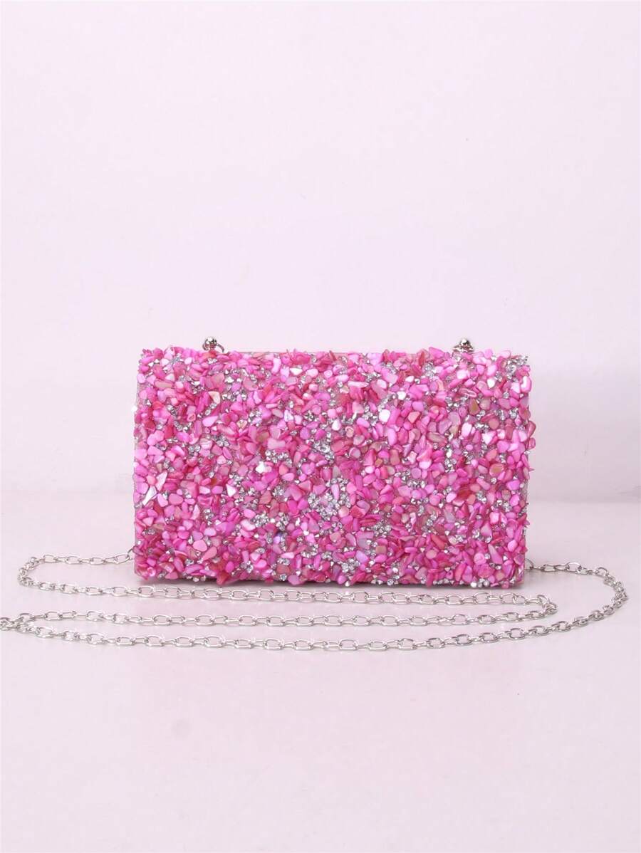 1pc Fuchsia Shell & Stone Embellished Flap Handbag, Fashion Clutch Purse For Women, Suitable For Daily Use And Evening Events - Hot Pink - View 1
