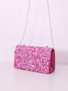 1pc Fuchsia Shell & Stone Embellished Flap Handbag, Fashion Clutch Purse For Women, Suitable For Daily Use And Evening Events - Hot Pink - View 2