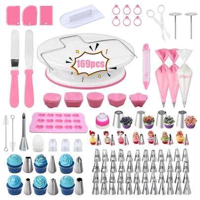 169pcs Stainless Steel Icing Piping Nozzles, Cake Turntable, Piping Bags, Silicone Muffin Cups, Silicone Chocolate Molds, Cake Decorating Tools Kit, Piping Tips, Pastry, Cupcake, Baking Pan Decor, Baking Tools, Frosting