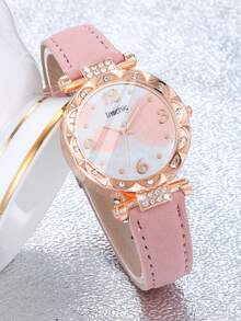 6-teiliges Schmuckset aus Damen Armbanduhr mit Strass, rosa Lederband, Halskette, Ohrringe und Armband als Geschenk für Studenten zum Schulstart - Pink - Übersicht 3
