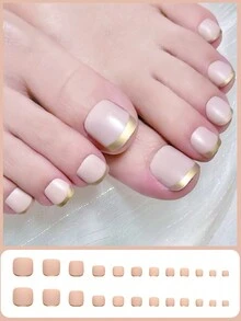 24 piezas de Consejos de uñas postizas para dedos del pie fáciles de usar, piezas doradas de uñas francesas cuadradas y colores nude, herramienta de aplicación de pegamento de gelatina para manicura en casa, archivo de uñas cuadrado para mujeres para quitar y desmontar consejos de uñas postizas. Reutilizable, fácil de usar y quitar para uso diario.