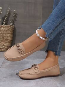 Women's Metal Chain Decor Flat Shoes Round Toe Casual Slip-Resistant Apricot Loafers For Spring And Autumn