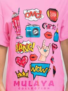 Camiseta de manga corta con dibujo animado para mujer - Rosa - Ver 2