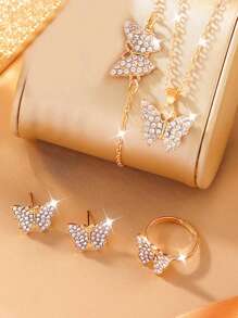 Conjunto de 5 piezas de joyería para niña en forma de mariposa dorada con diamantes de imitación, a la moda, versátil y casual - Dorado - Ver 2