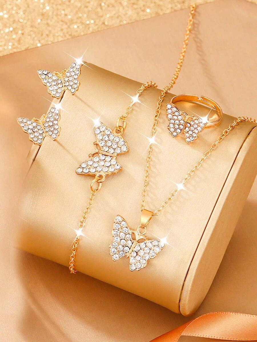 Conjunto de 5 piezas de joyería para niña en forma de mariposa dorada con diamantes de imitación, a la moda, versátil y casual - Dorado - Ver 1