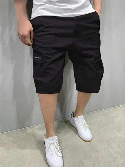 1pc Tween Boy Casual Sports Outdoor Pocket Shorts With Woven Label, Spring/Summer/Autumn
