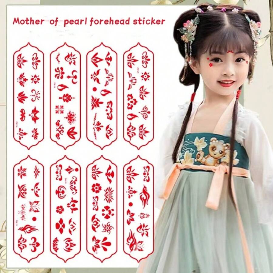 30入組傳統服飾貼紙，供女孩貼於額頭 - 紅色 - 查看 1