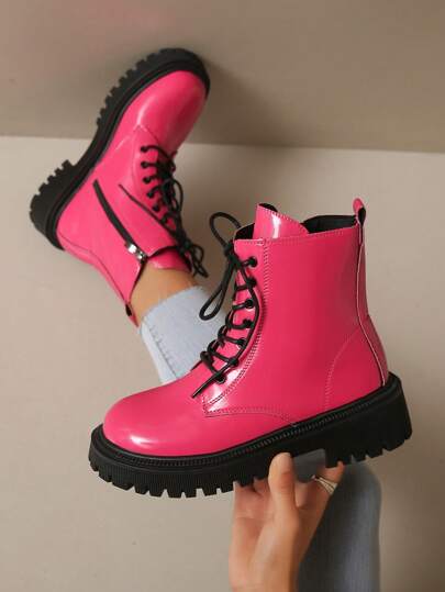 Novas Botas Curtas de Salto Grosso Femininas, Outono/Inverno, Rosa, Bico Redondo, Cadarço, Botas Planas e Fashion