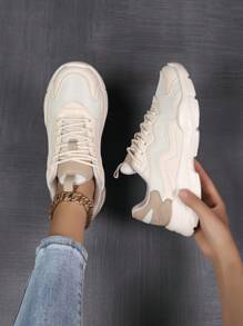 Women Casual Sport Shoes Versatile Mesh Breathable Chunky Sneakers, PU Leather & Fabric Patchwork, Lightweight Running Shoes, Fashion Personalized Student Athletic Outdoor Party Lolita Style Glitter Mesh Shoes, New Arrivals Ultra Light Leisure Walking Shoes For Ladies, Hollow Breathable Running Shoes For Women 4 Seasons