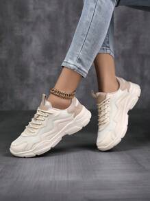 Women Casual Sport Shoes Versatile Mesh Breathable Chunky Sneakers, PU Leather & Fabric Patchwork, Lightweight Running Shoes, Fashion Personalized Student Athletic Outdoor Party Lolita Style Glitter Mesh Shoes, New Arrivals Ultra Light Leisure Walking Shoes For Ladies, Hollow Breathable Running Shoes For Women 4 Seasons