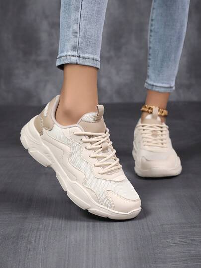 Women Casual Sport Shoes Versatile Mesh Breathable Chunky Sneakers, PU Leather & Fabric Patchwork, Lightweight Running Shoes, Fashion Personalized Student Athletic Outdoor Party Lolita Style Glitter Mesh Shoes, New Arrivals Ultra Light Leisure Walking Shoes For Ladies, Hollow Breathable Running Shoes For Women 4 Seasons