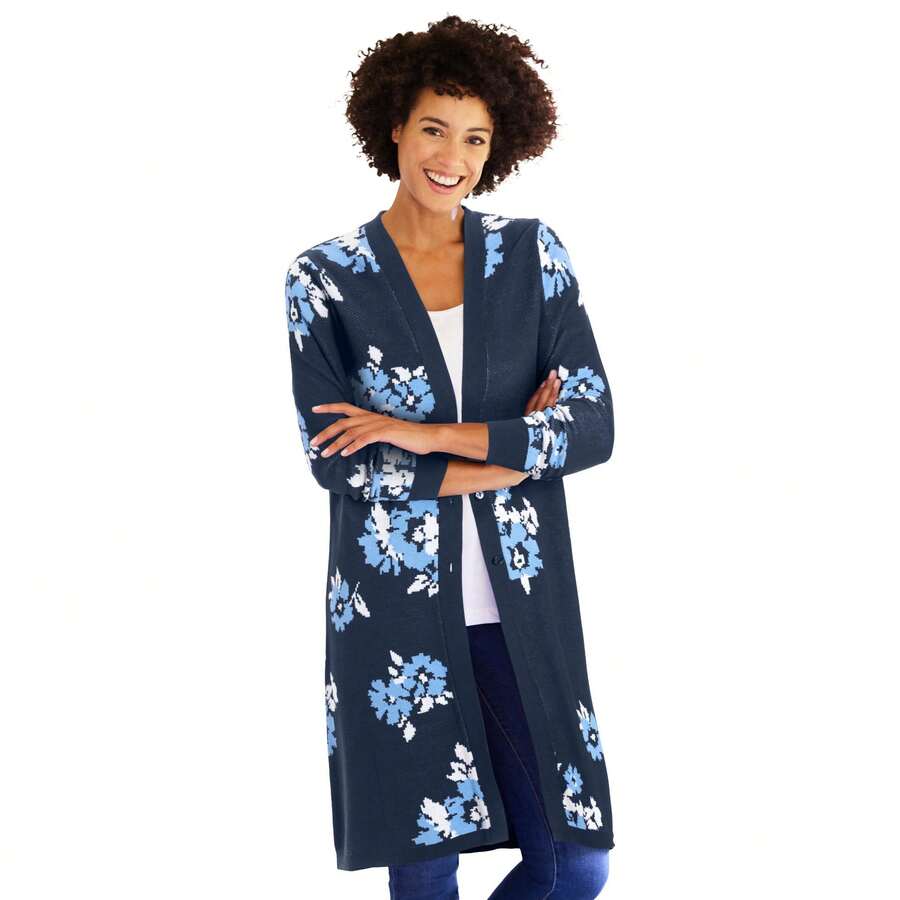 Woman Within Women's Plus Size Perfect Cotton Duster - NAVY STAMP FLORAL - View 1
