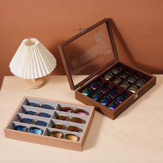 Wood Grain / Black Sunglasses Display Case, Store Counter Eyeglasses Rack, Multi-Compartment Sunglasses Storage Box With Lid, Dust-Proof