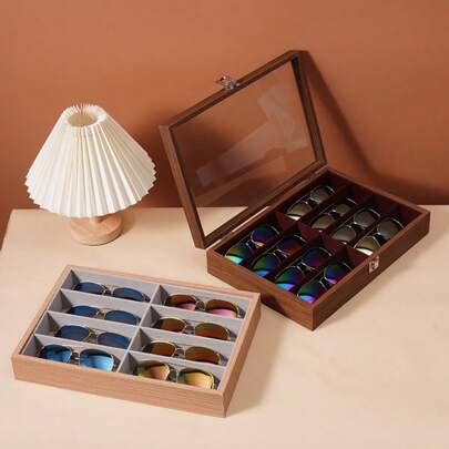 Wood Grain / Black Sunglasses Display Case, Store Counter Eyeglasses Rack, Multi-Compartment Sunglasses Storage Box With Lid, Dust-Proof