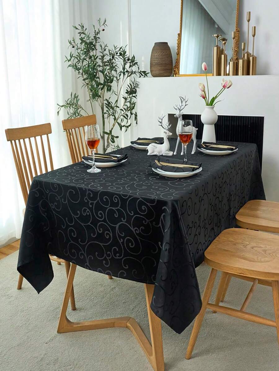 Floral Pattern Jacquard Satin Tablecloth, Square Shape With A Touch Of Luxury And Available In Multiple Sizes, Ideal For Home And Kitchen Decor, Such As Tablecloth, Bedside Table Cloth, Or Decorative Cover. Suitable For Kitchen/Dining/Party Use 1pc. - Black - View 1