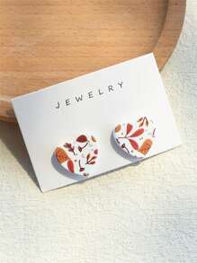 1pair Women's Maple Leaf, Fallen Leaf & Dead Leaf Printed Terracotta-Like Round Acrylic Earrings/Studs, Swinging In The Wind