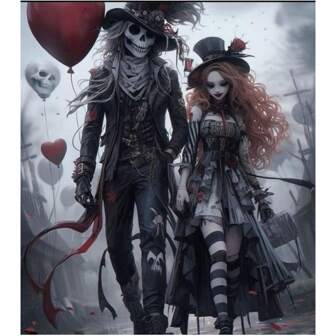 Pintura de diamantes 5D DIY `Cool Gothic Girl` con diseño de dibujos animados fantasy de una pareja de amor con cráneo y globo de horror Nuevas imágenes de mosaico de arte con kits de punto de cruz de bordado de diamantes de imitación para decoración del hogar y manualidades para regalo de niños