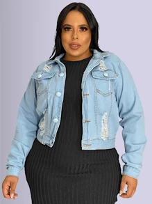 Plus Size Denim Jackets - 藍色 - 查看 3