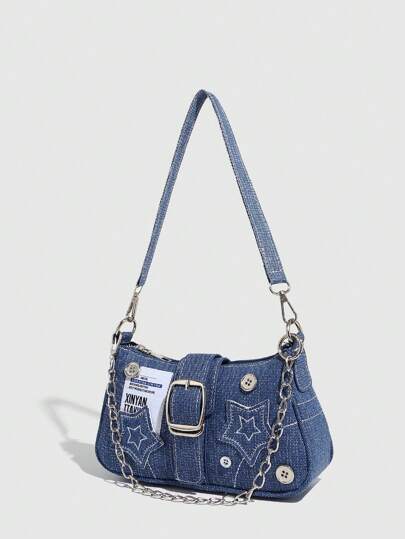 Vintage Y2K Style Clutch Bag, Color Block Shoulder Bag With Star Decor And Chain Strap. Suitable For Girls, Women, Students, Office Workers, Commuters And School Outing., Tready Crescent Moon Bag For Women Star Print Women Bag, Stars Hollow Women Bag, 2000s Fashion Style Bag For Women