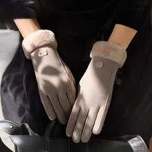 1 双女士天鹅绒骑行厚毛绒手套，冬季羊毛内衬全指手套万圣节配饰冬季手套