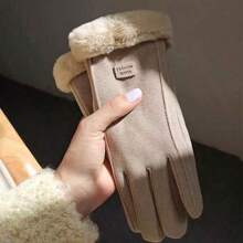 1 双女士天鹅绒骑行厚毛绒手套，冬季羊毛内衬全指手套万圣节配饰冬季手套