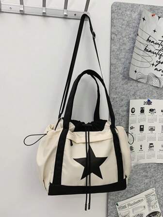 Bolso de mujer casual de gran capacidad de diseño simple con estampado de estrella, adecuado para uso diario, universidad, trayecto al trabajo, bolso de mujer, conveniente para llevar de compras y de vacaciones, bolso de hombro, bolso unisex de con estampado de estrellas