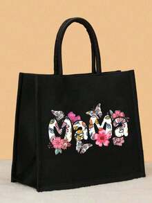 Women's Fashionable Letter Print Tote Handbag - Black - View 4