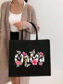 Women's Fashionable Letter Print Tote Handbag - Black - View 1