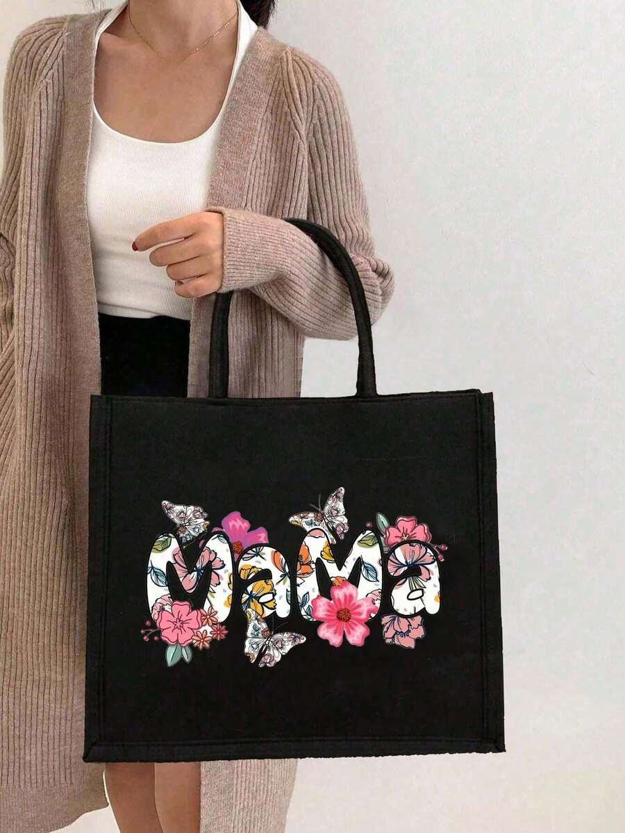 Women's Fashionable Letter Print Tote Handbag - Black - View 1
