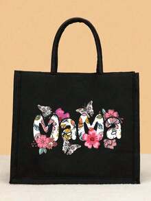 Women's Fashionable Letter Print Tote Handbag - Black - View 3