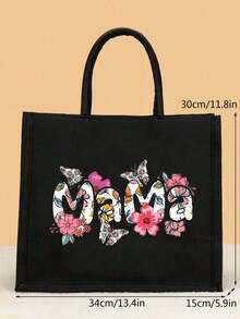 Women's Fashionable Letter Print Tote Handbag - Black - View 5