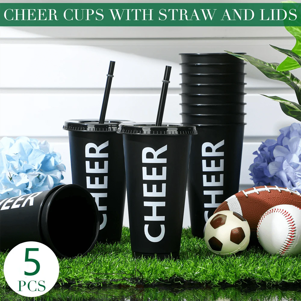 5pcs, CHEER Inscribed 24oz Plastic Tumblers With Straws And Lids, Reusable Travel Cups, Bulk