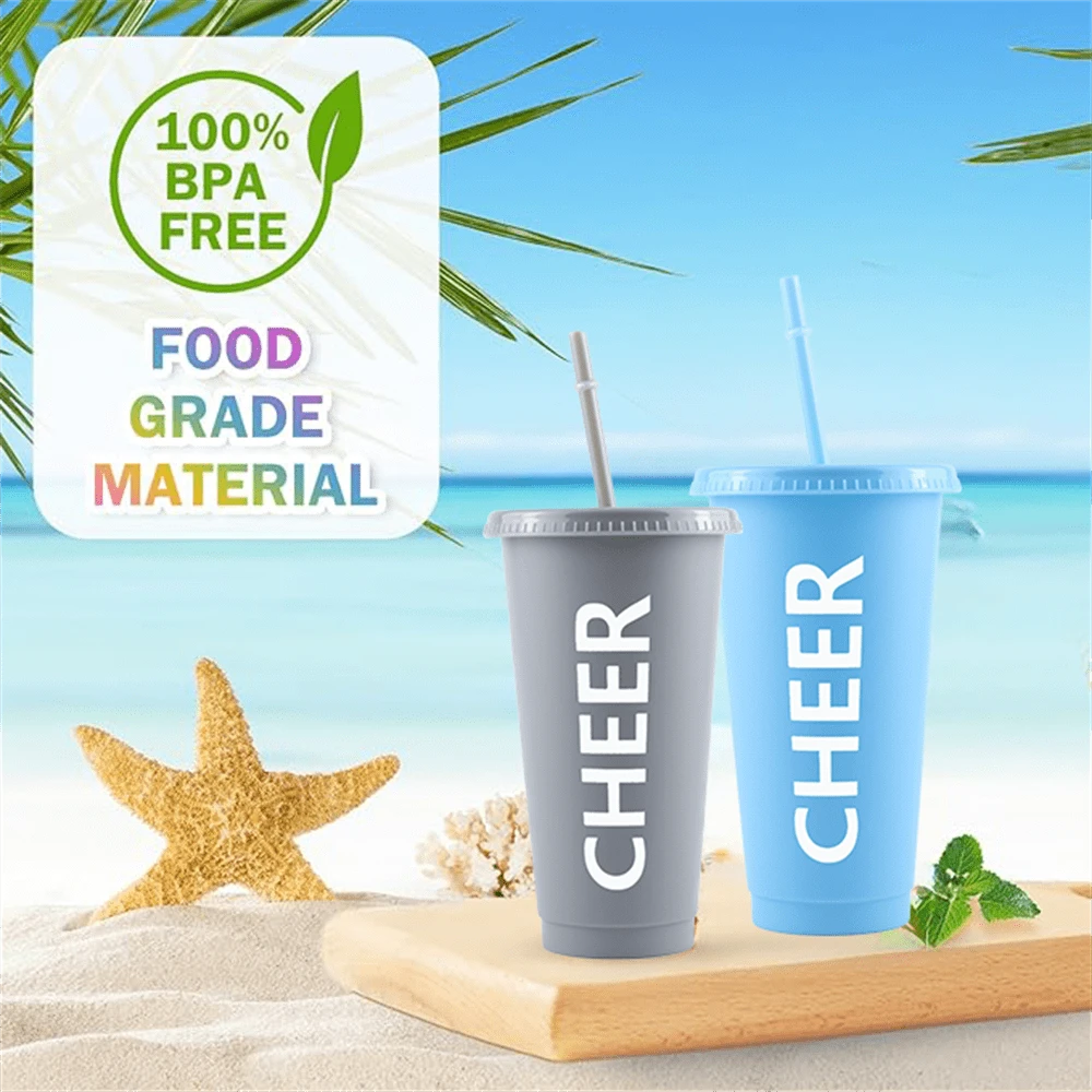 5pcs, CHEER Inscribed 24oz Plastic Tumblers With Straws And Lids, Reusable Travel Cups, Bulk
