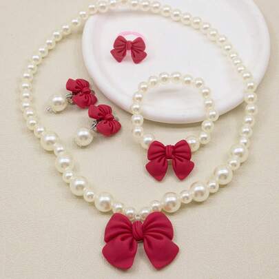 1套兒童女孩可愛蝴蝶結和串珠項鍊、手鍊、戒指、髮夾組合