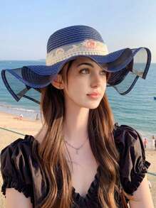 1 pieza Sombrero de verano de mujer estilo bohemio con bordes ondulados, detalle de lazo, ala ancha, sombrero de paja plegable de moda para protección solar al aire libre o diaria, regalo del Día de San Valentín