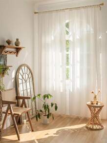 1 件单面白色波西米亚风格窗帘布，带精致蕾丝，可过滤阳光，简单百搭的家居装饰，适合客厅或卧室，杆袋悬挂，易于安装