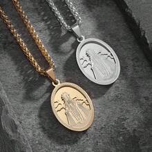 1pc Gold Stainless Steel Hip Hop Chain Ellipse Shaped Mary Pendant Necklace, Creative Design With Elements, Japanese And Korean Style Unisex Jewelry, Simple, Hip-Hop, Gothic Style, Retro, Versatile, Ideal For Gifting, Suitable For Men And Women, Couples, Streetwear, Daily Wear, Workwear, Festival Wear. - Oval Mary - View 4