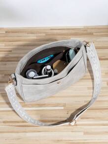 复古风格水桶包，复古风格斜挎包，纯素皮革单肩包，配有吉他背带和宽刺绣手柄 - 适合用作斜挎包、健身包、手提包等。 - 灰色 - 查看 7