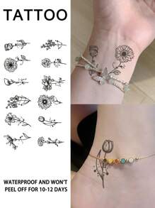 1入組花卉植物臨時紋身，性感防水防汗，真實草本汁液，非反射性幾何假黑色假紋身，女性貼紋身貼紙，適用於頸部、胸部、腹部、腰部、手臂、腳踝、手指，現代主義人體藝術 - 黑色 - 查看 2