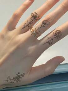 1入組花卉植物臨時紋身，性感防水防汗，真實草本汁液，非反射性幾何假黑色假紋身，女性貼紋身貼紙，適用於頸部、胸部、腹部、腰部、手臂、腳踝、手指，現代主義人體藝術 - 黑色 - 查看 4