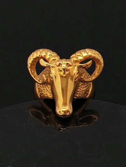 欧美跨境珠宝个性夸张男士钛钢个性羊头戒指山羊角不锈钢戒指