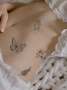 1入組花卉植物暫時性紋身貼紙，性感防水耐汗，逼真草本汁不反光，幾何形黑色仿假紋身貼紙，適用於女性頸部、胸口、腹部、腰部、手臂、腳踝、手指現代主義身體藝術，可以持續1-2週 - 黑色 - 查看 2