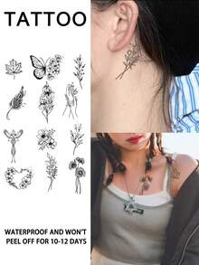 1入組花卉植物暫時性紋身貼紙，性感防水耐汗，逼真草本汁不反光，幾何形黑色仿假紋身貼紙，適用於女性頸部、胸口、腹部、腰部、手臂、腳踝、手指現代主義身體藝術，可以持續1-2週 - 黑色 - 查看 1