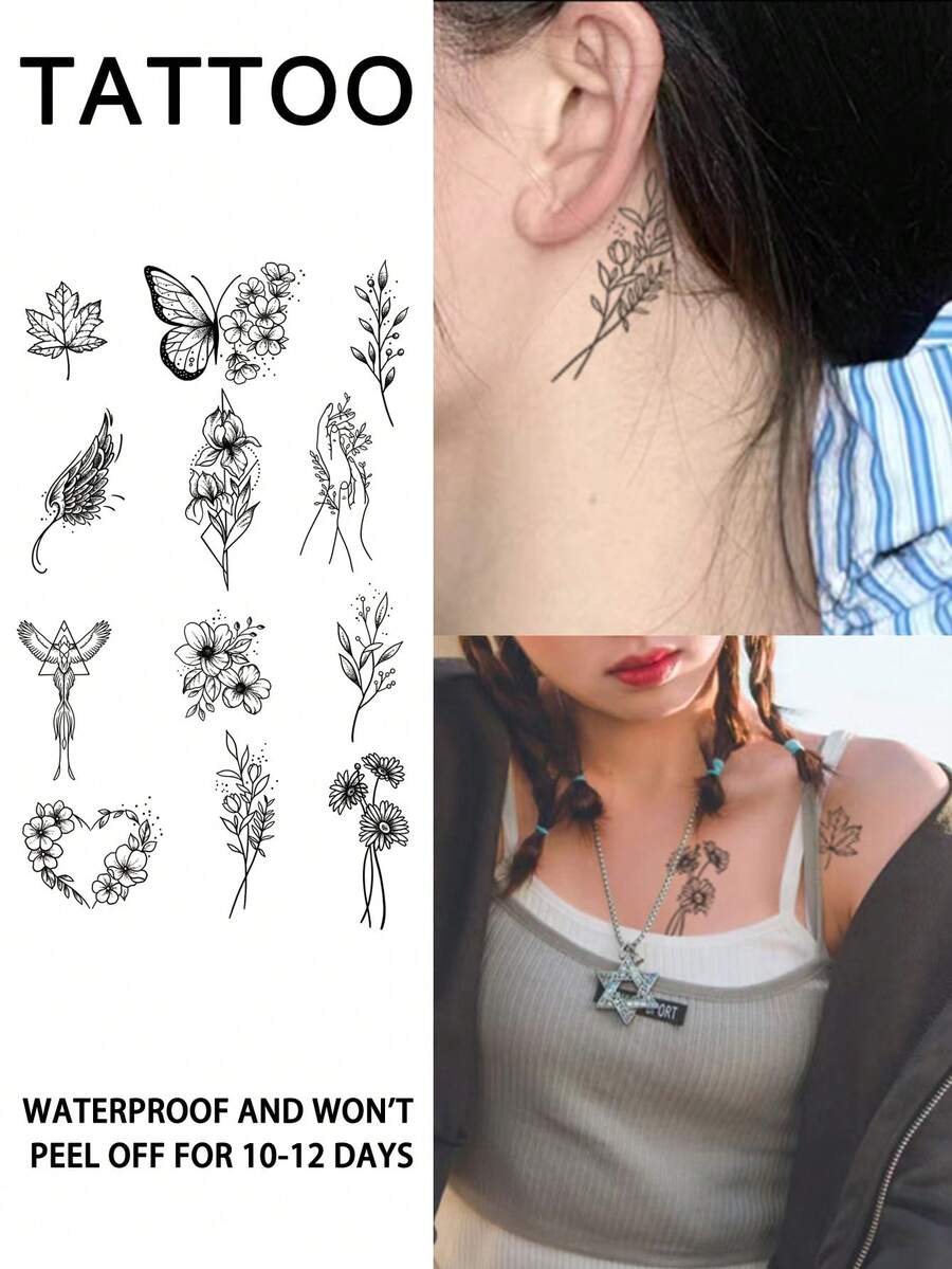 1入組花卉植物暫時性紋身貼紙，性感防水耐汗，逼真草本汁不反光，幾何形黑色仿假紋身貼紙，適用於女性頸部、胸口、腹部、腰部、手臂、腳踝、手指現代主義身體藝術，可以持續1-2週 - 黑色 - 查看 1