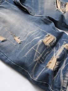 Men's Zipper Fly Straight Leg Ripped Denim Shorts, Non-Elastic, Washed - Blue - View 4