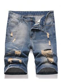 Men's Zipper Fly Straight Leg Ripped Denim Shorts, Non-Elastic, Washed - Blue - View 1